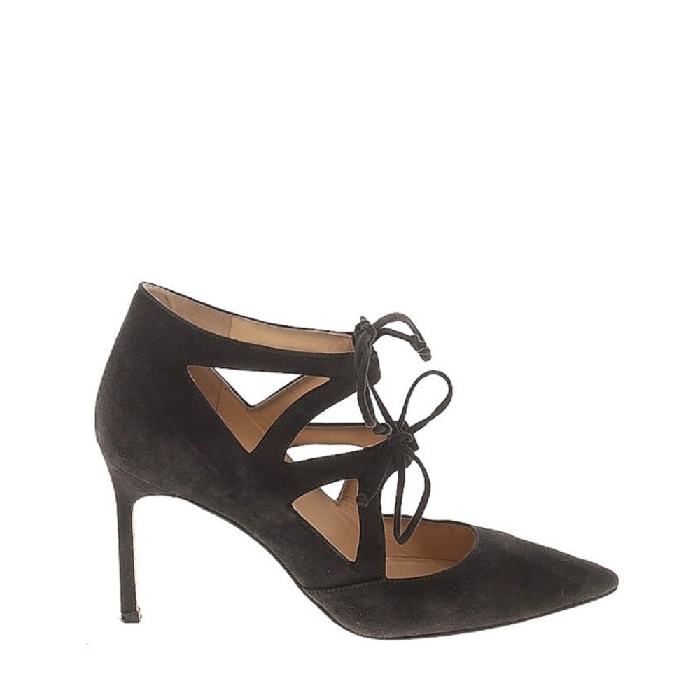 MANOLO BLAHNIK ASAKI BROWN SUEDE DOUBLE TIE point toe PUMPS 38.5 office formal